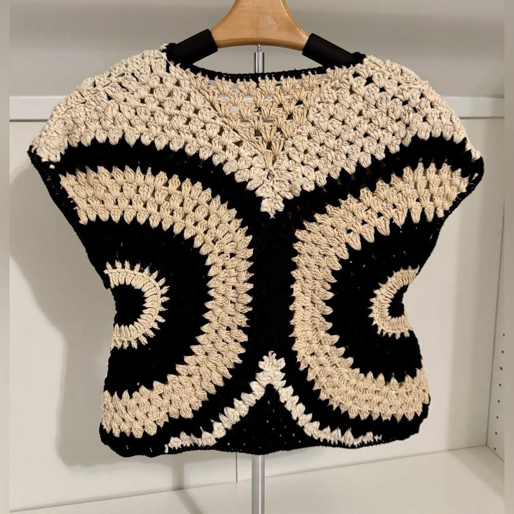 Massimo Dutti 100% Cotton Crochet Knit Top W Contrast Piping Details Women’s S - Picture 13 of 16